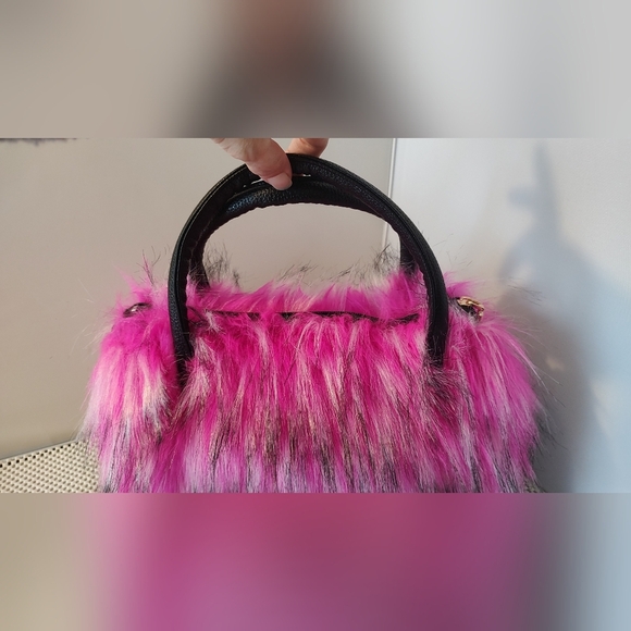 Women's Shoulder Handbags Faux Fur Tote Bag Fluffy Satchel Handbag Pink/Black - Picture 2 of 6